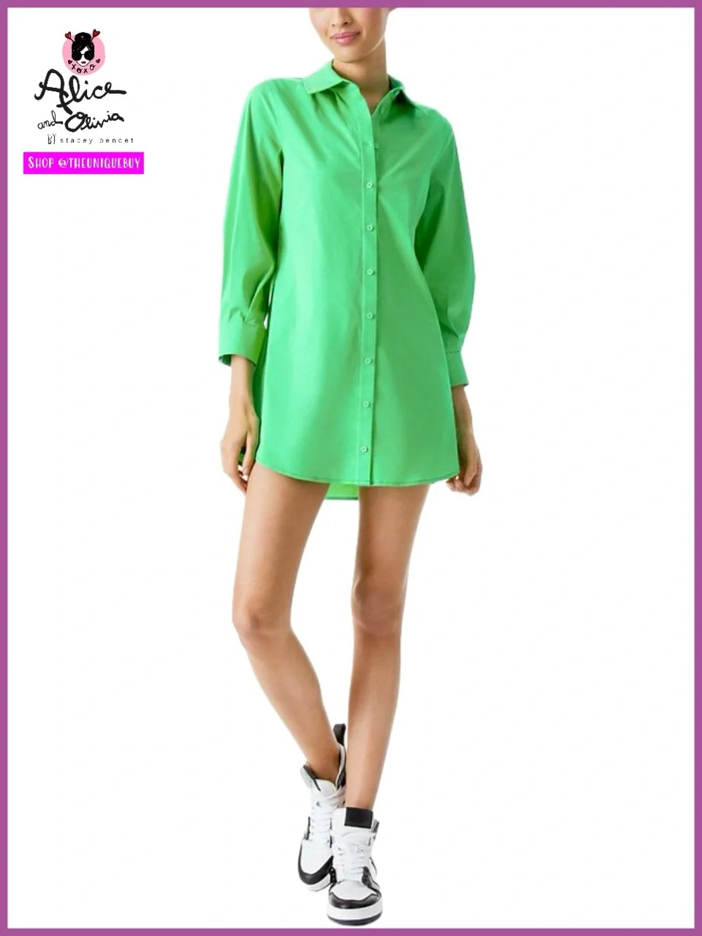 Alice + Olivia Dimitra Button Down Rolled Sleeve Green Mini Dress